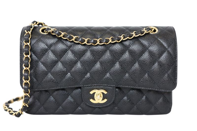 Chanel Classic Medium, Black Quilted Caviar and Gold Hardware, Preowned in Box WA001