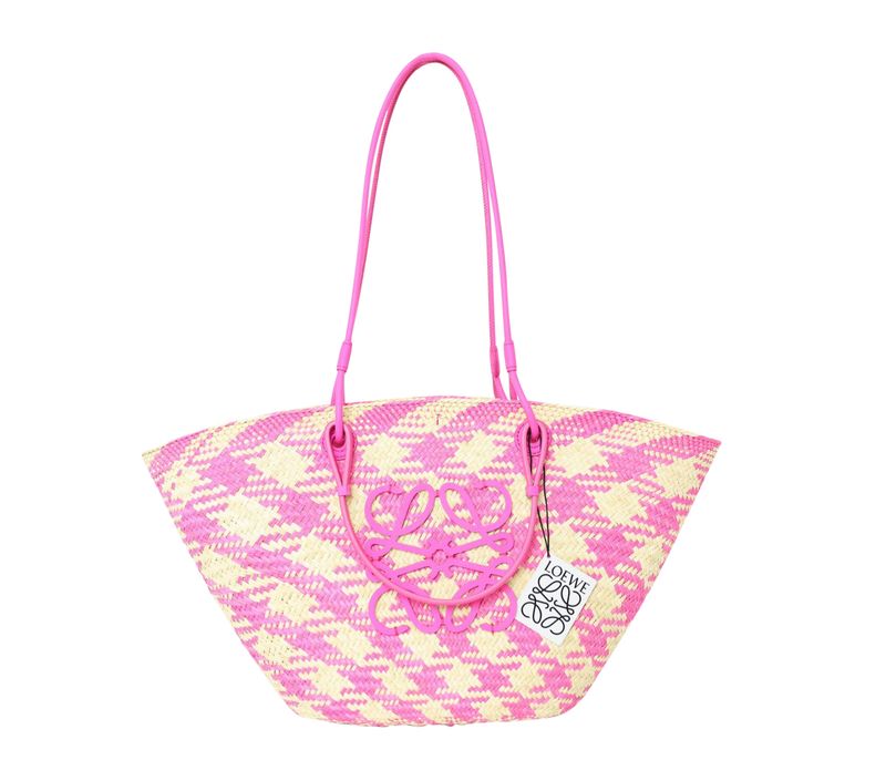 Loewe x Paula&#39;s Ibiza Anagram Basket Bag, Pink and Natural Check Raffia with Fuchsia Calfskin Trim, New in Dustbag WA001