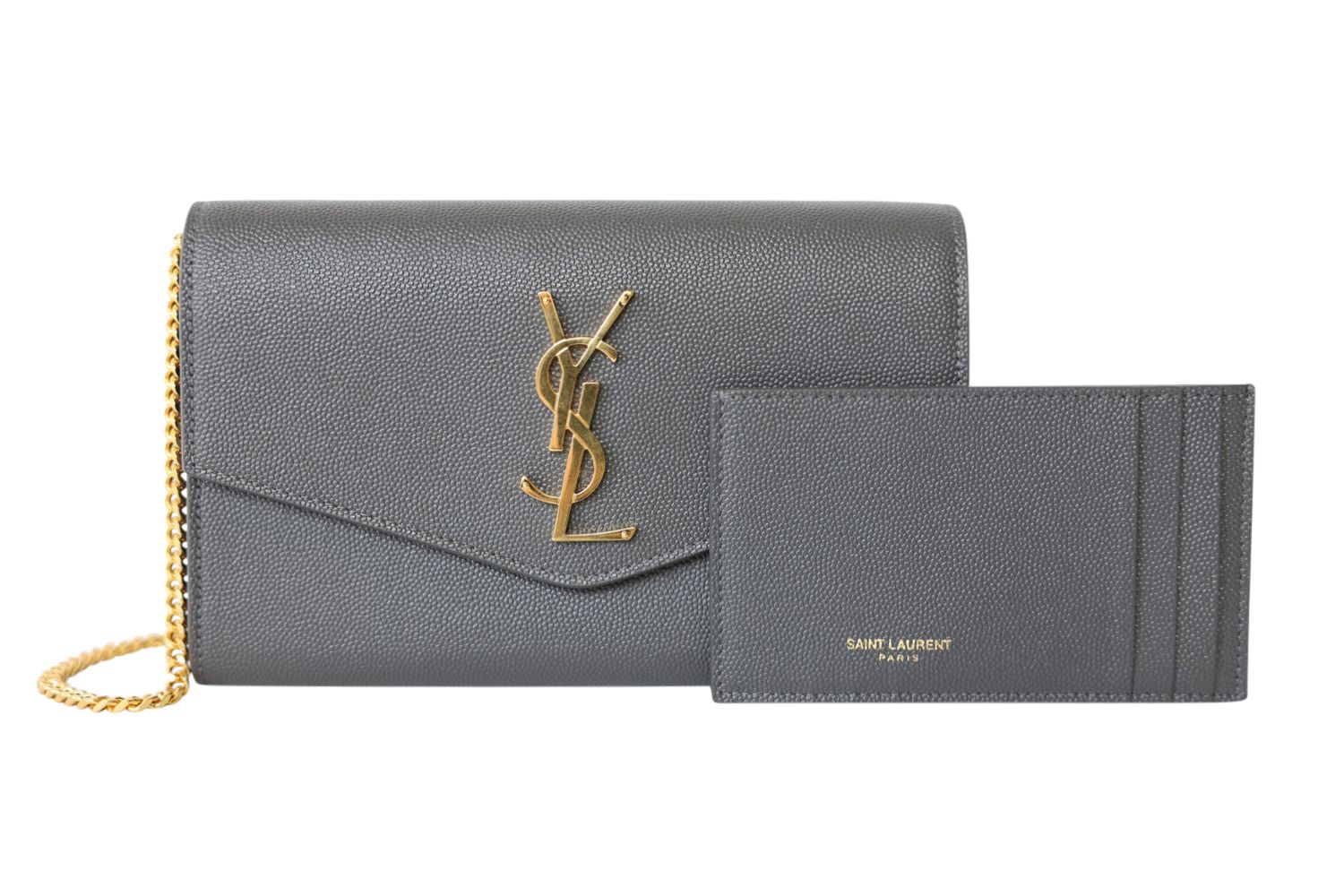 Saint Laurent Uptown Chain Wallet, Gray Grain de Poudre Leather and Gold Hardware, New in Box WA001