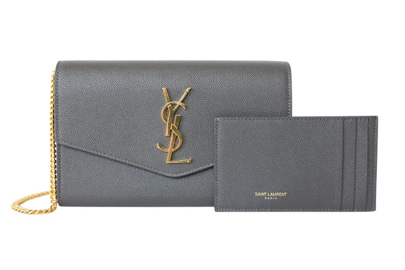 Saint Laurent Uptown Chain Wallet, Gray Grain de Poudre Leather and Gold Hardware, New in Box WA001