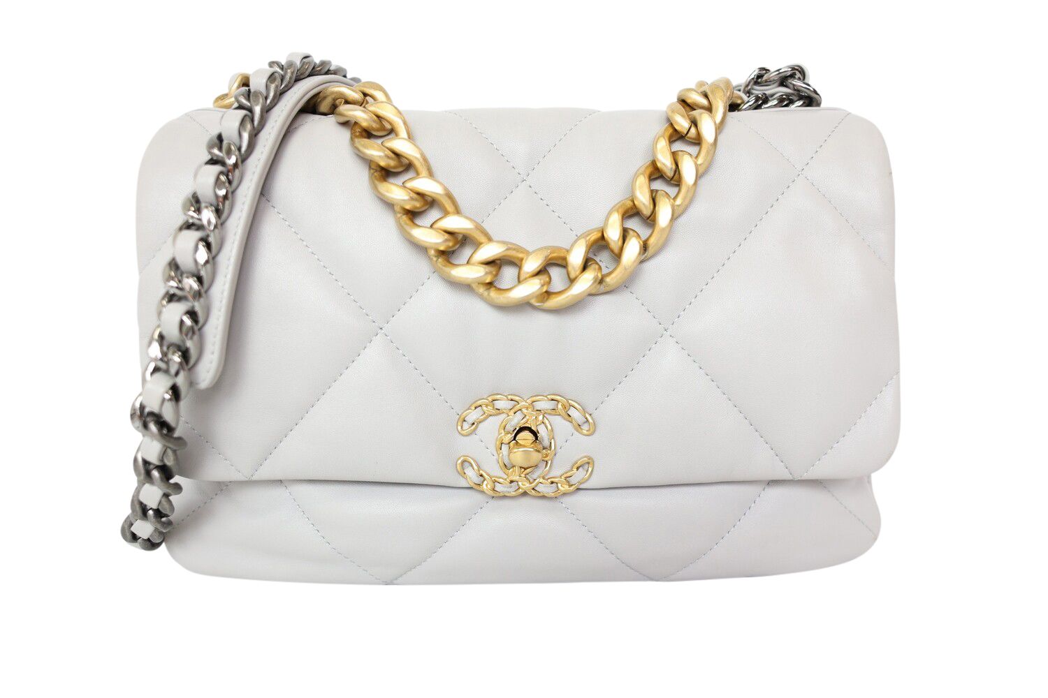 Chanel 19 Large, Gray Lambskin Leather With Gold And Silver Hardware, Preowned In Box WA001