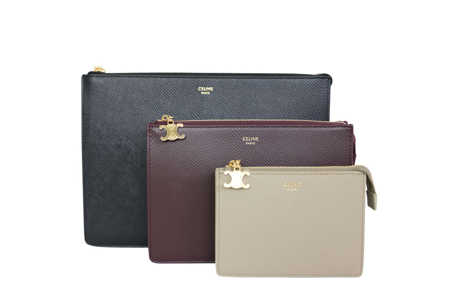 Celine Three Pouches Set, Black, Deep Burgundy, Beige Grained Calfskin and Gold Hardware, New in Box WA001