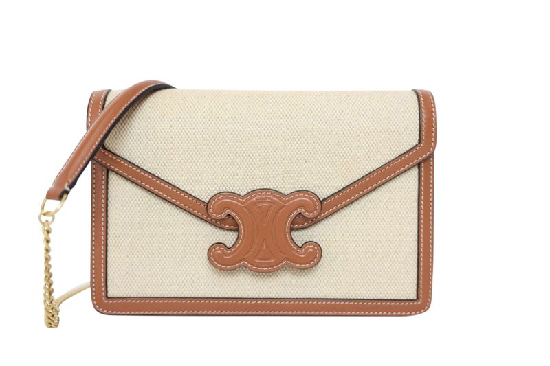 Celine Triomphe Wallet on Strap, Beige Canvas and Tan Leather with Gold Hardware, Preowned in Box WA001