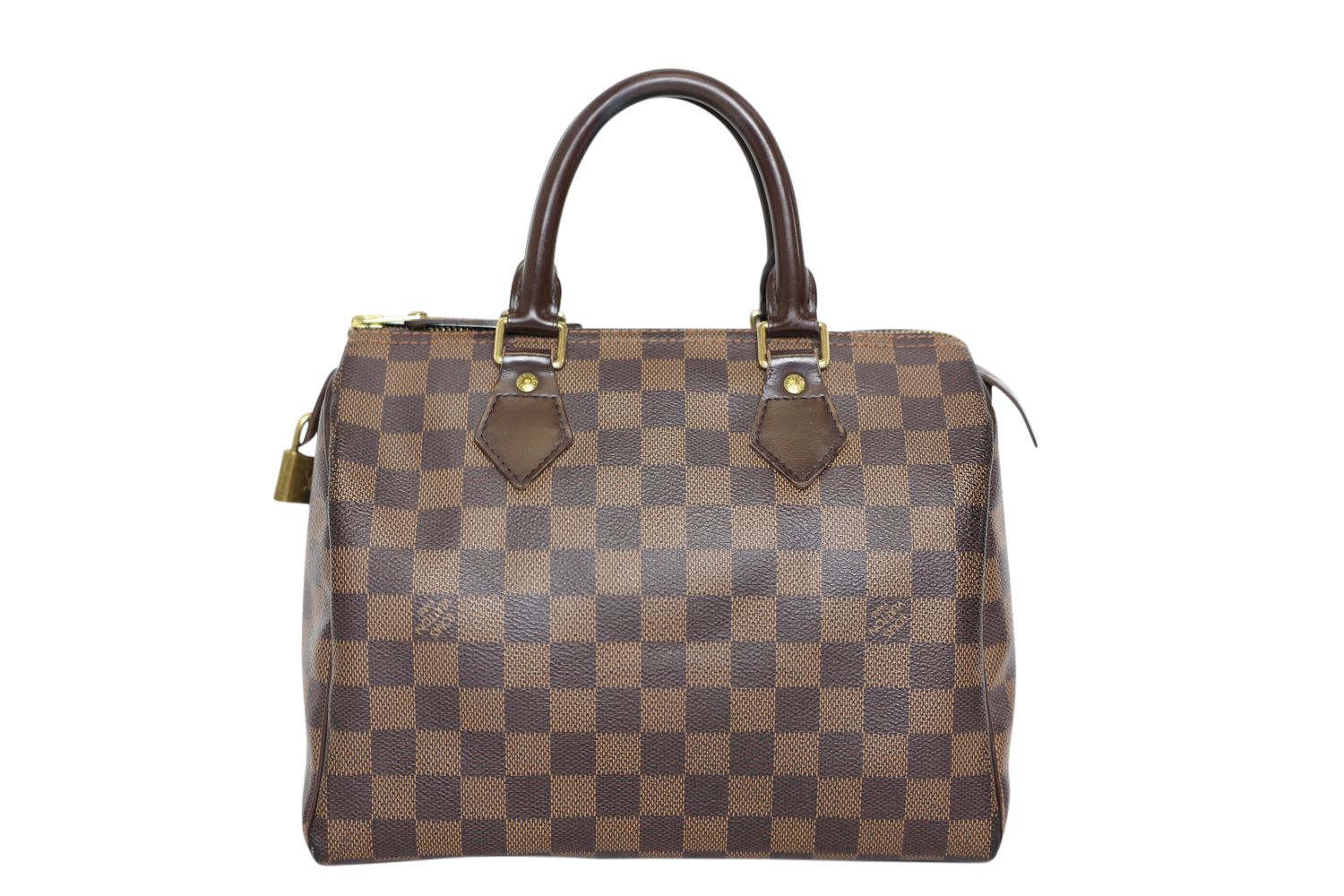 Louis Vuitton Speedy 25 Bag, Damier Ebene Canvas and Brown Leather with Gold Hardware, Preowned in Box WA001