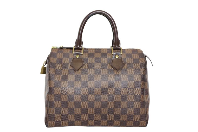 Louis Vuitton Speedy 25 Bag, Damier Ebene Canvas and Brown Leather with Gold Hardware, Preowned in Box WA001