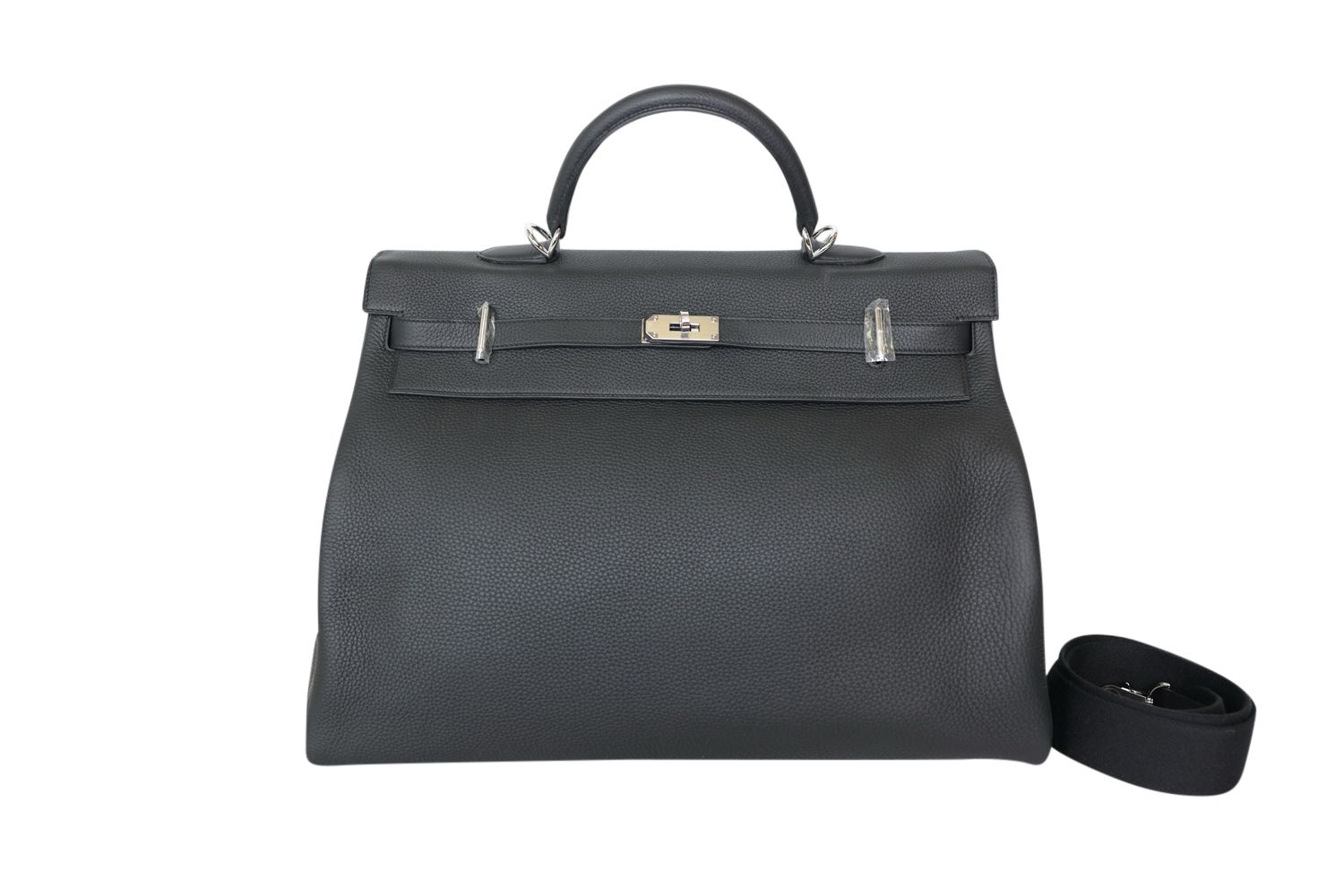 Hermes Kelly Relax 50, Noir Clemence Bull Calfskin and Palladium Hardware, K 2025 Stamp, Preowned in Box WA001