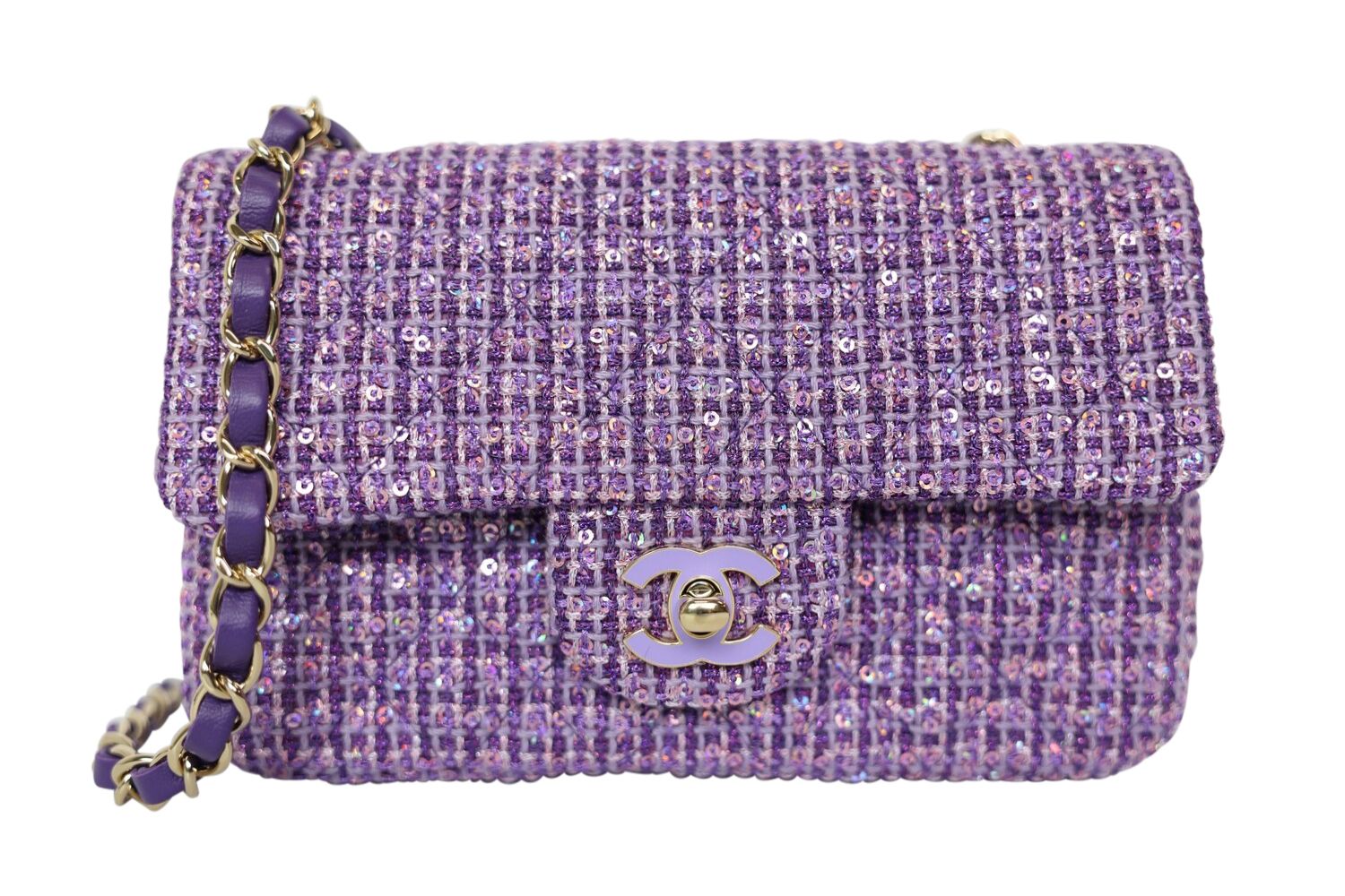 Chanel Classic Mini Rectangular, Purple Tweed, Enamel And Sequins With Gold Hardware, New In Box WA001