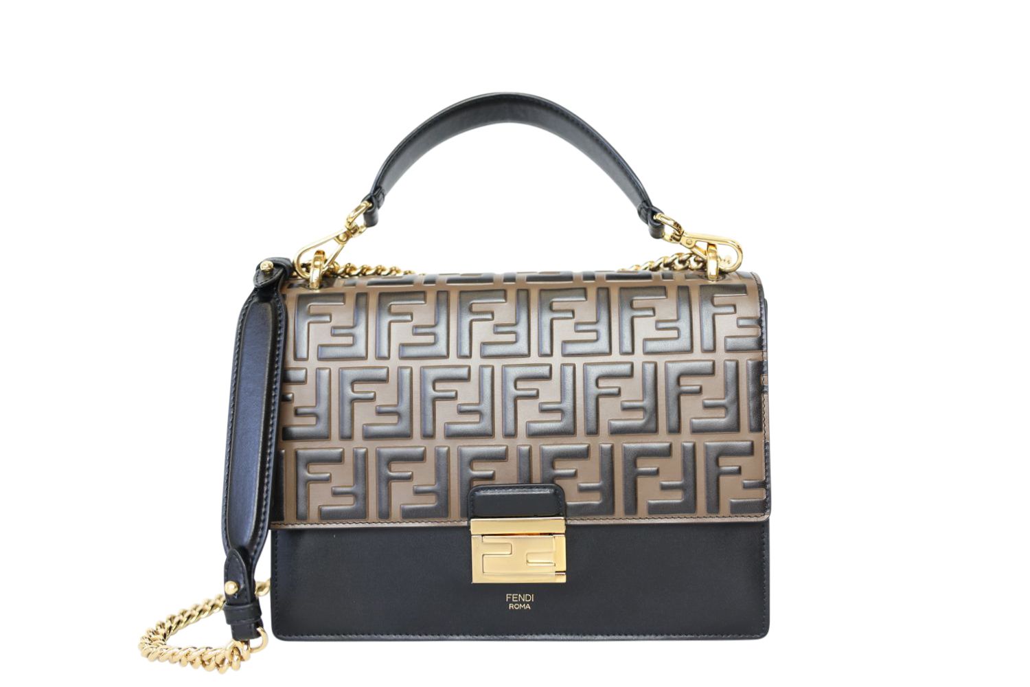 Fendi FF 1974 Kan U Shoulder Bag, Black and Brown Leather with Gold Hardware, Preowned in Dustbag WA001