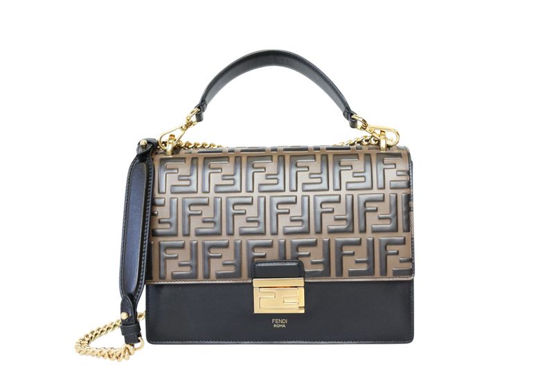 Fendi FF 1974 Kan U Shoulder Bag, Black and Brown Leather with Gold Hardware, Preowned in Dustbag WA001