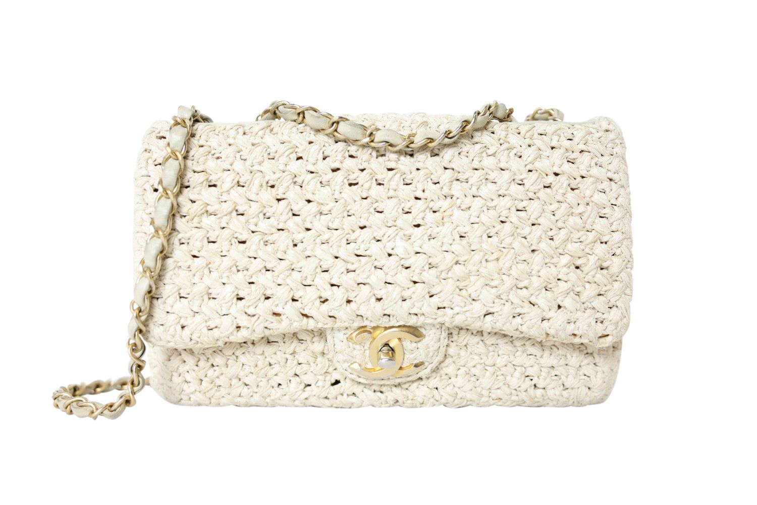 Chanel Single Flap Medium Bag, Crochet Beige With Gold Hardware Preowned In Dustbag WA001