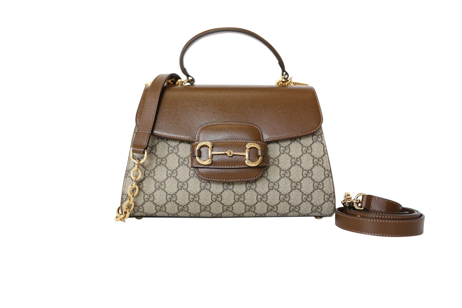 Gucci Horsebit 1955 Medium Top Handle Bag, Monogram Canvas with Brown Leather, Preowned in Box WA001