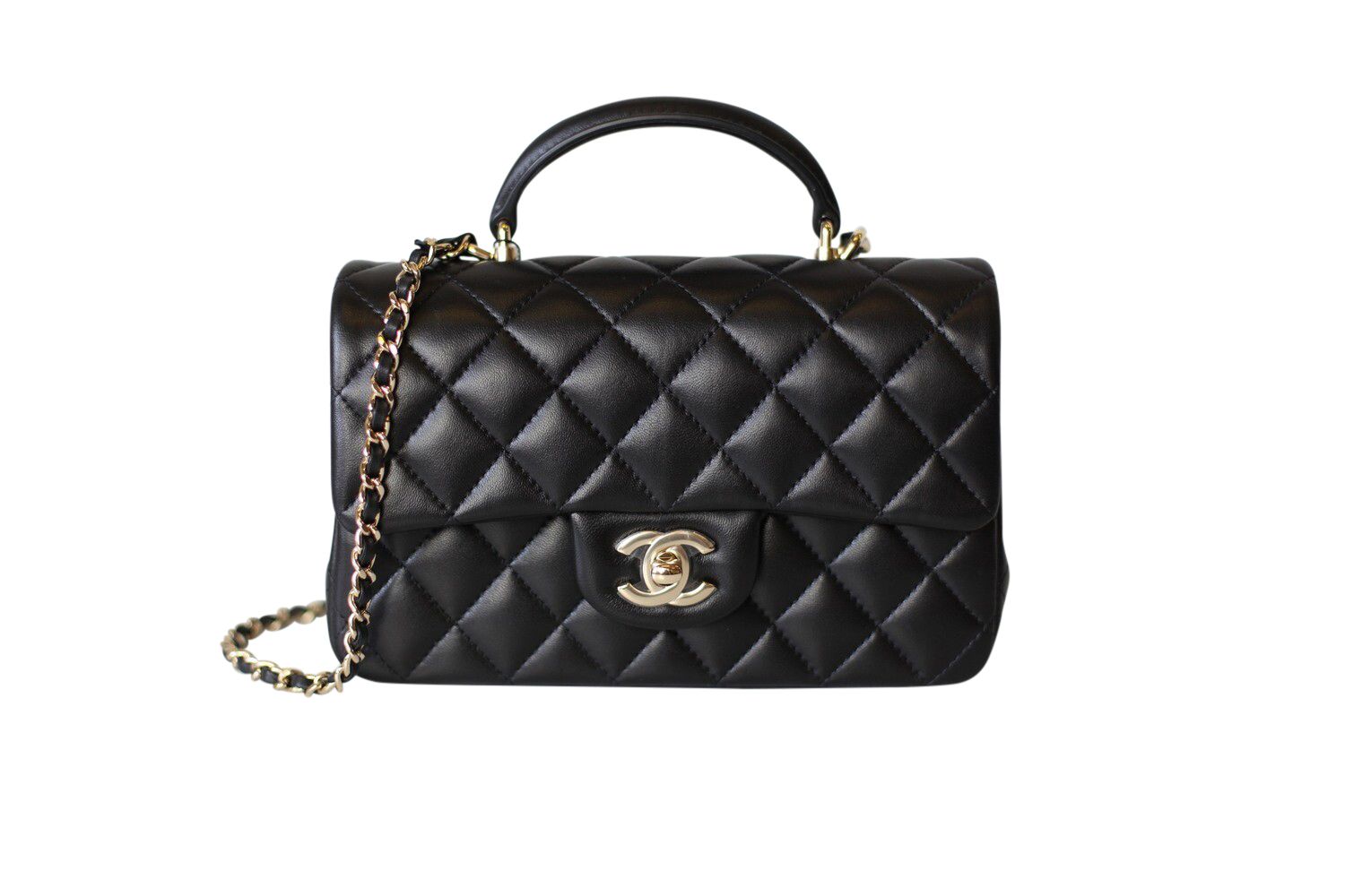 Chanel Mini Flap Top Handle, Black Lambskin Leather With Gold Hardware, Preowned In Box, WA001