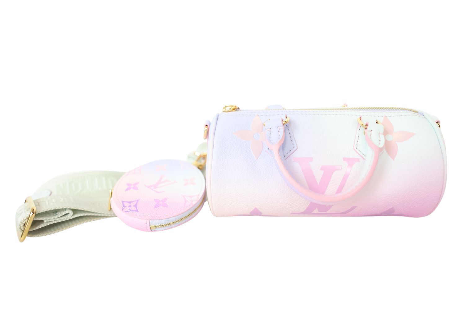 Louis Vuitton Papillon BB, Sunrise Pastel Monogram Coated Canvas with Gold Hardware, Preowned in Box WA001