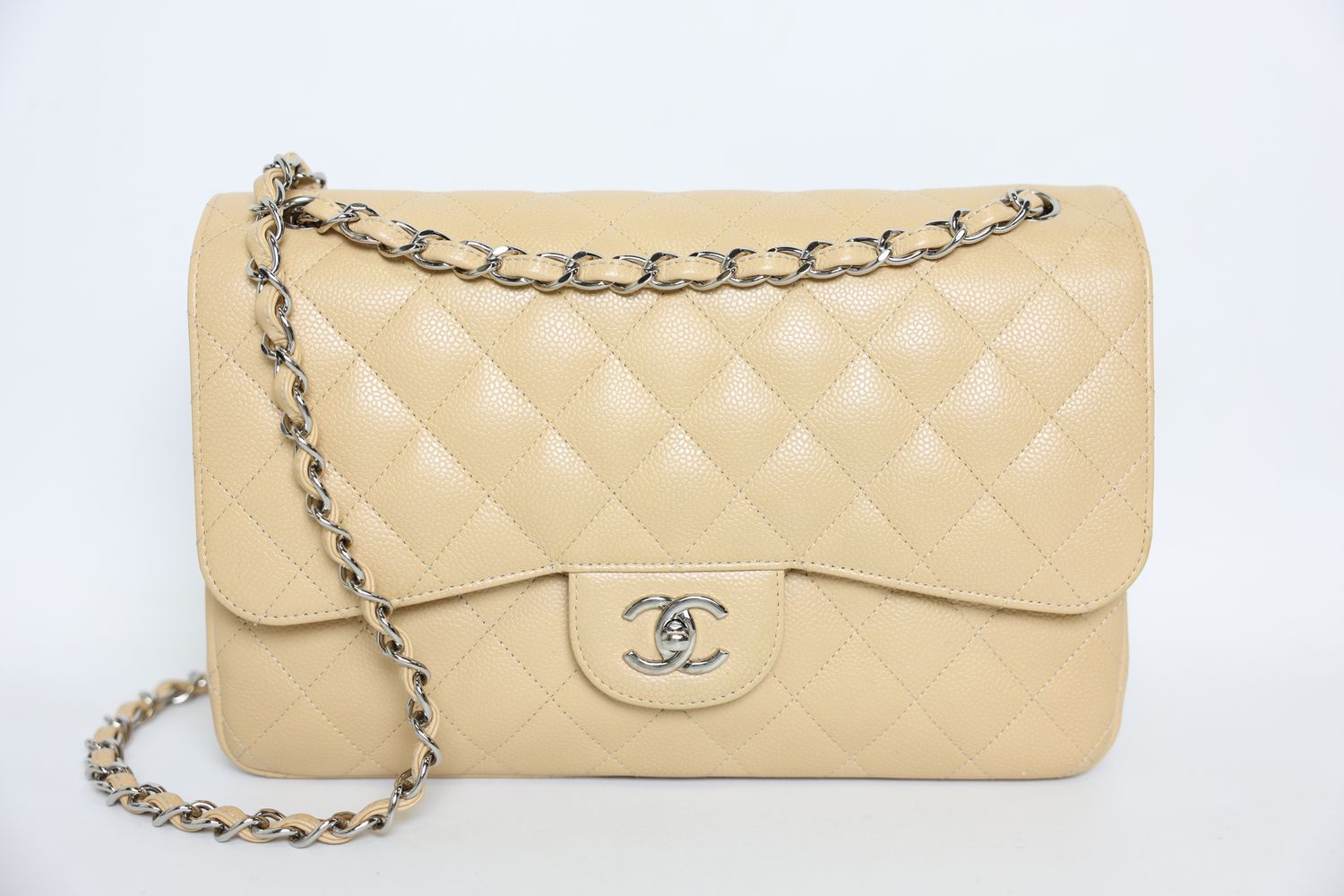 Chanel Classic Jumbo Double Flap, Beige Caviar Leather with Silver Hardware, Preowned in Box WA001