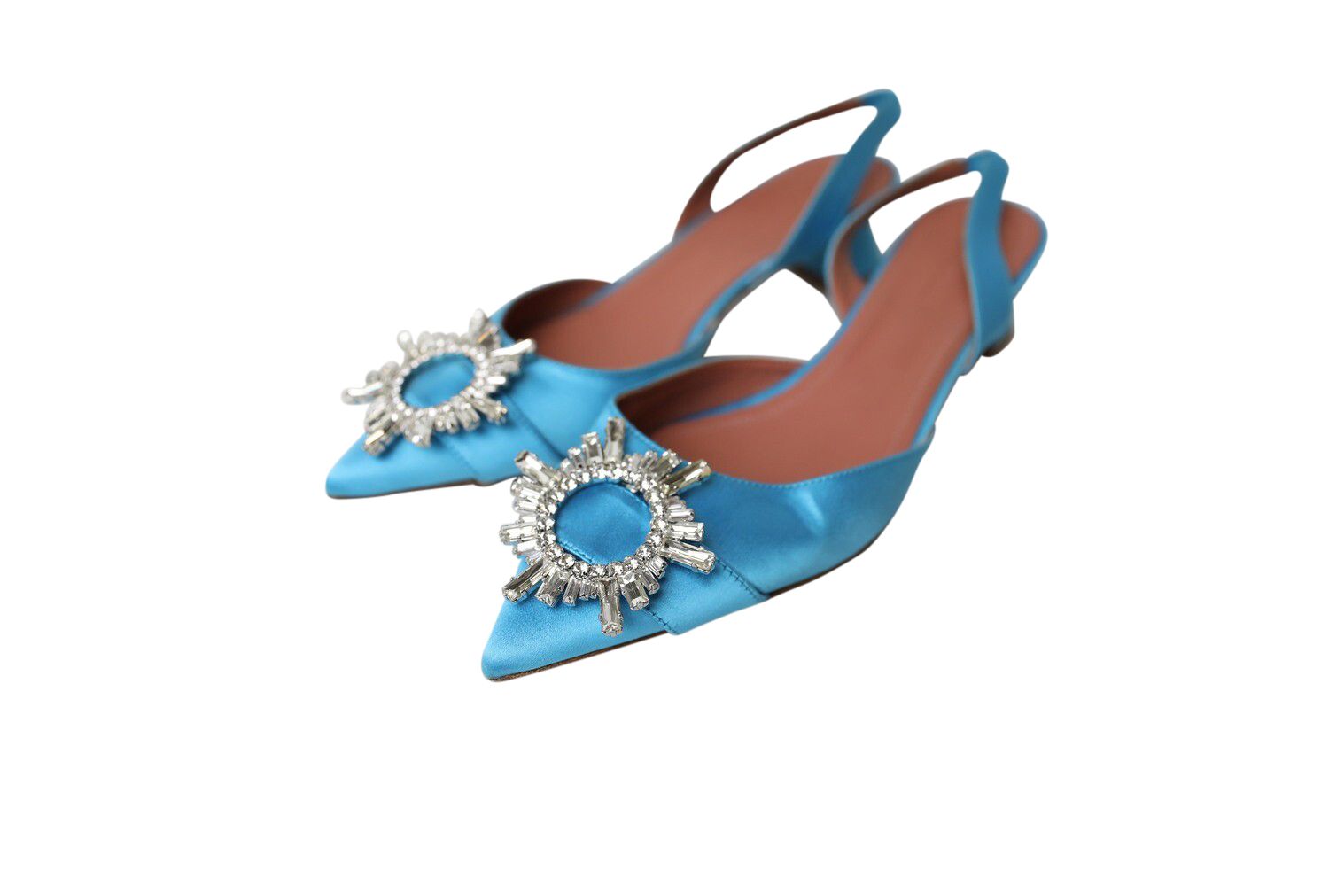 Amina Muaddi Blue Satin Slingback Mid Heels, Size 39.5, Preowned in Dustbag WA001