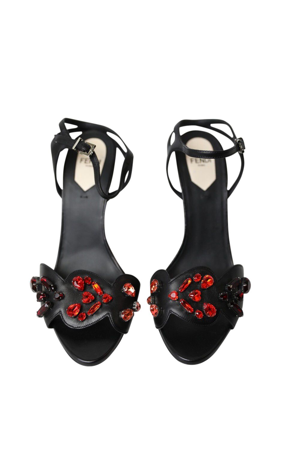 Fendi Red Crystal Heeled Sandals, Black Leather, Size 38, New WA001