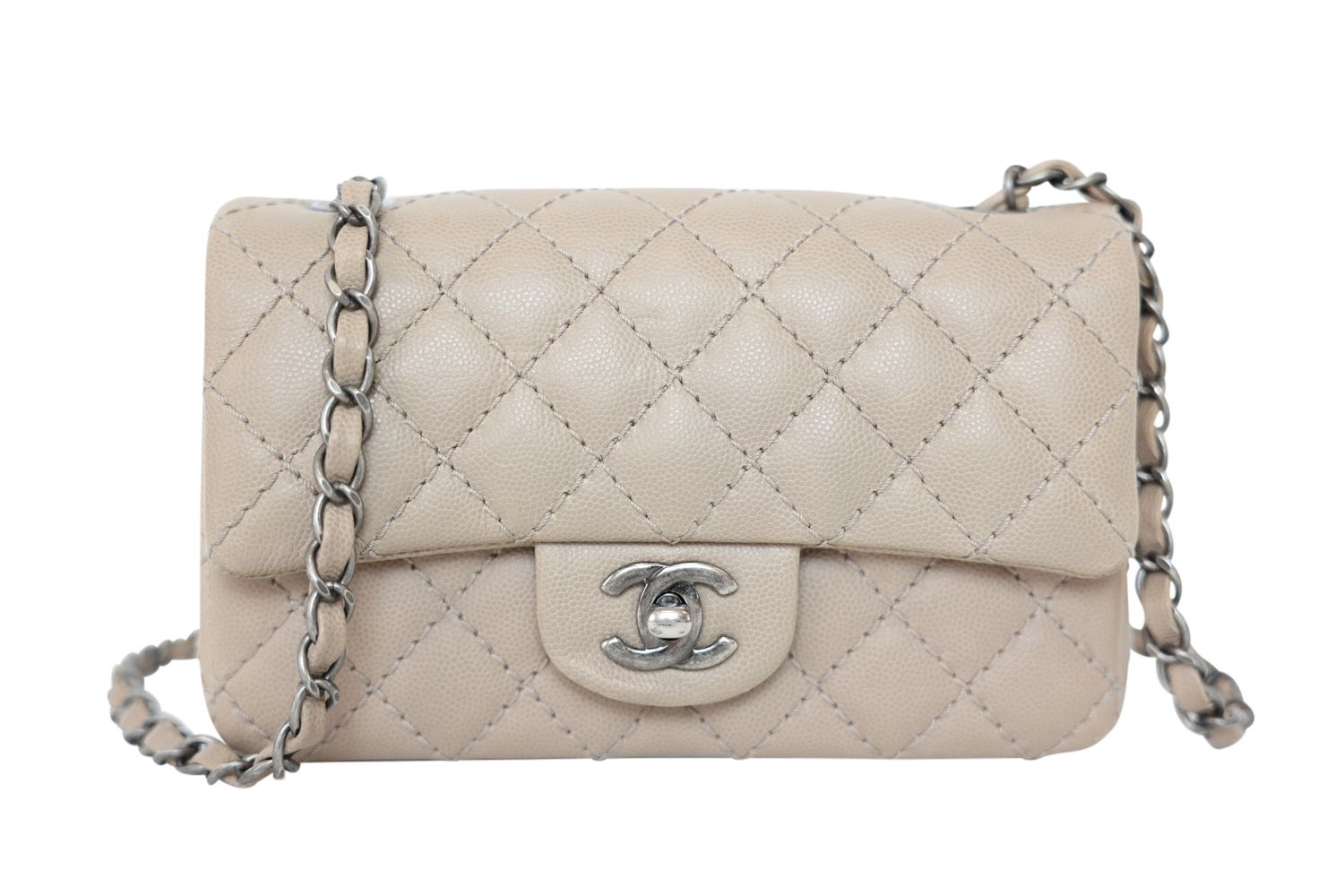 Chanel Classic Mini Rectangular Bag, Matte Beige Caviar Leather and Ruthenium Hardware, Preowned in Box WA001
