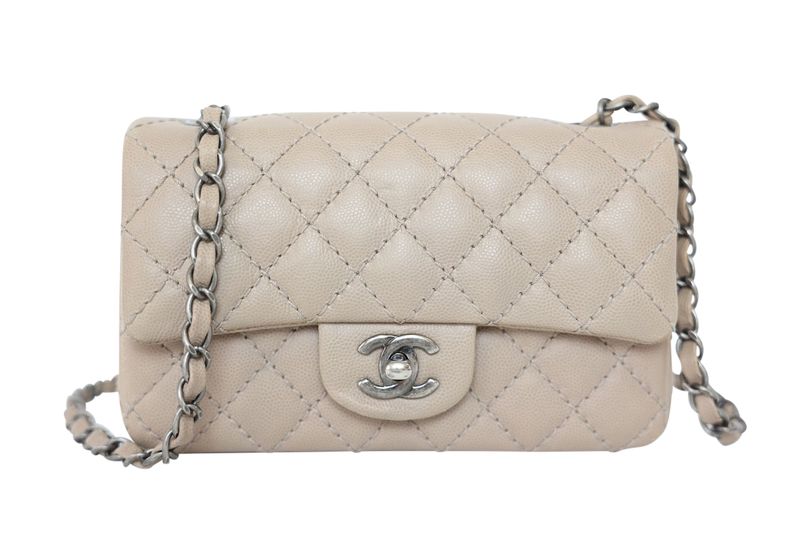 Chanel Classic Mini Rectangular Bag, Matte Beige Caviar Leather and Ruthenium Hardware, Preowned in Box WA001