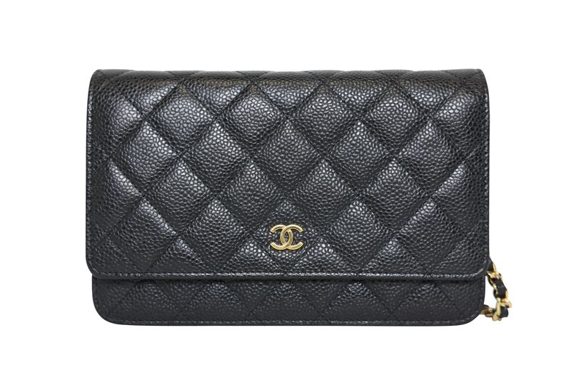 Chanel Wallet on Chain, Black Quilted Caviar Leather and Gold Hardware, Preowned in Box WA001
