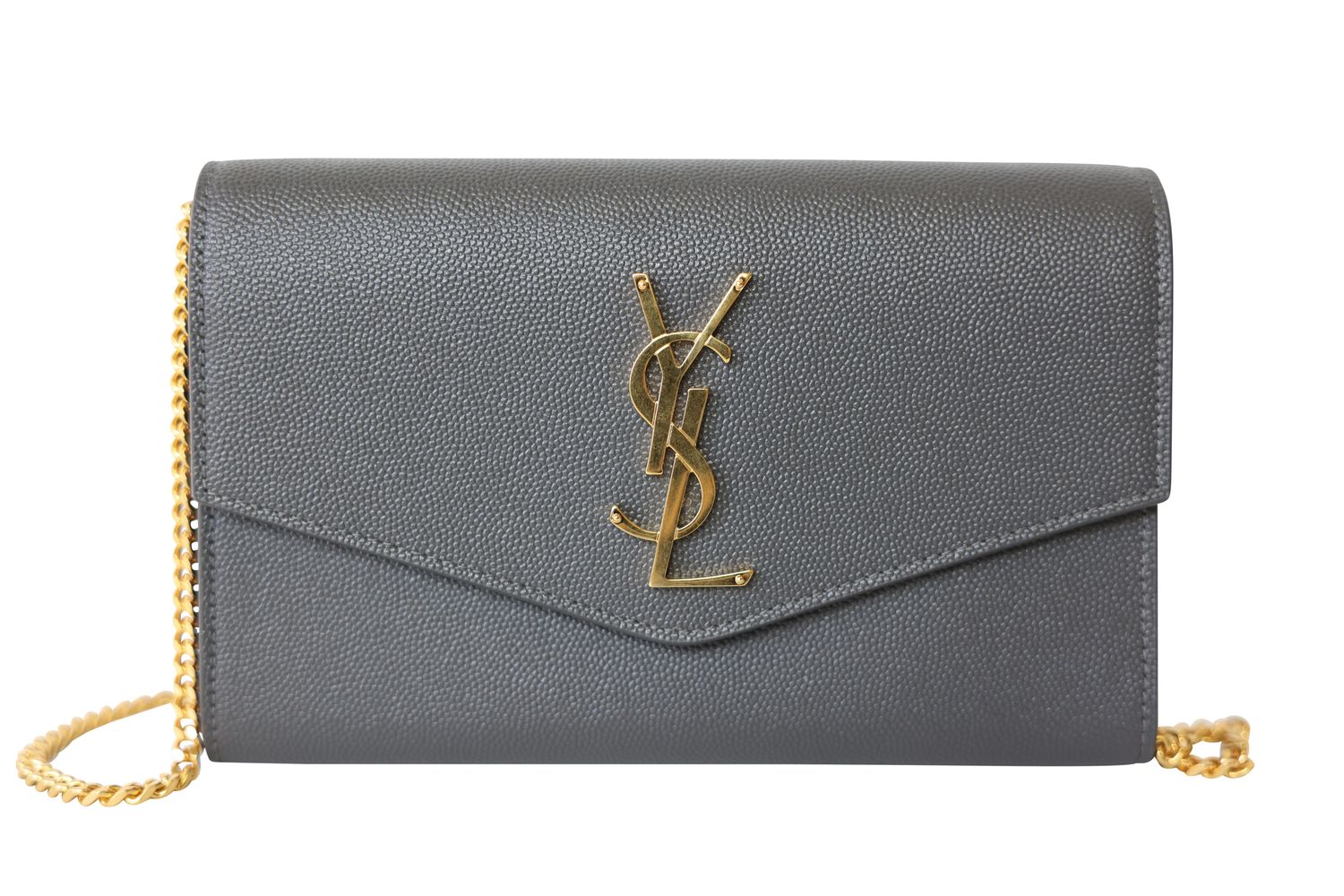 Saint Laurent Uptown Chain Wallet, Gray Grain de Poudre Leather and Gold Hardware, New in Box WA001