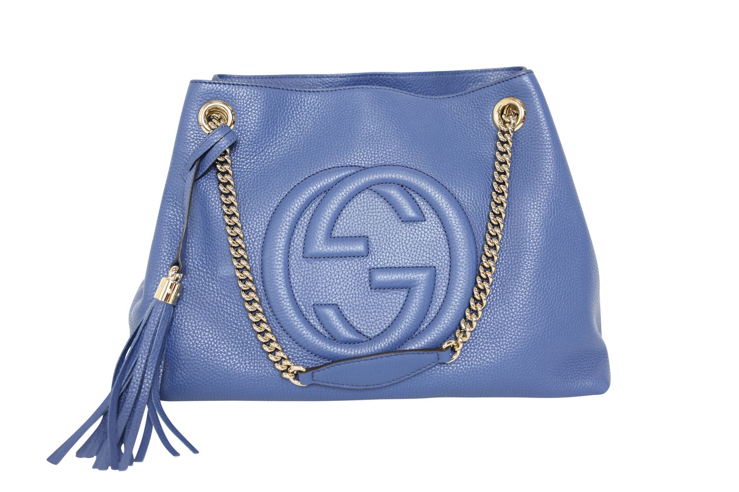 Gucci Soho Chain Shoulder Bag, Blue Leather and Gold Hardware, Preowned in Dustbag WA001