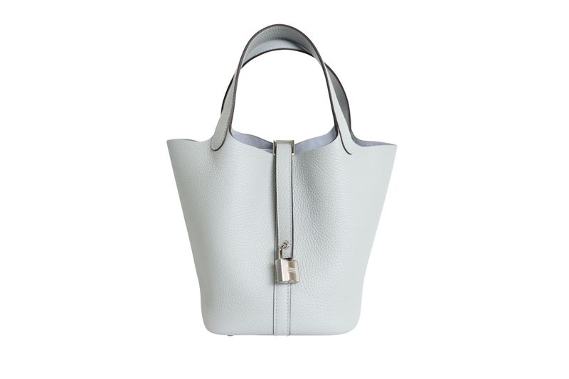 Hermes Picotin Lock 18 PM, Blue Bleu Pale Clemence Leather and Palladium Hardware, K 2025 Stamp, New in Box WA001