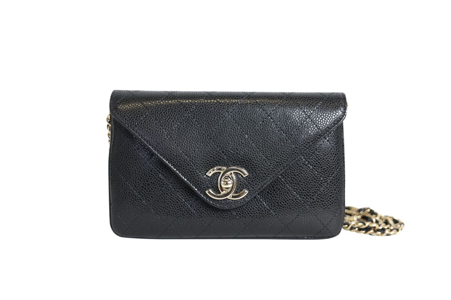 Chanel Envelope Wallet On Chain Bag, Black Caviar Leather and Gold Hardware, Preowned in Box WA001