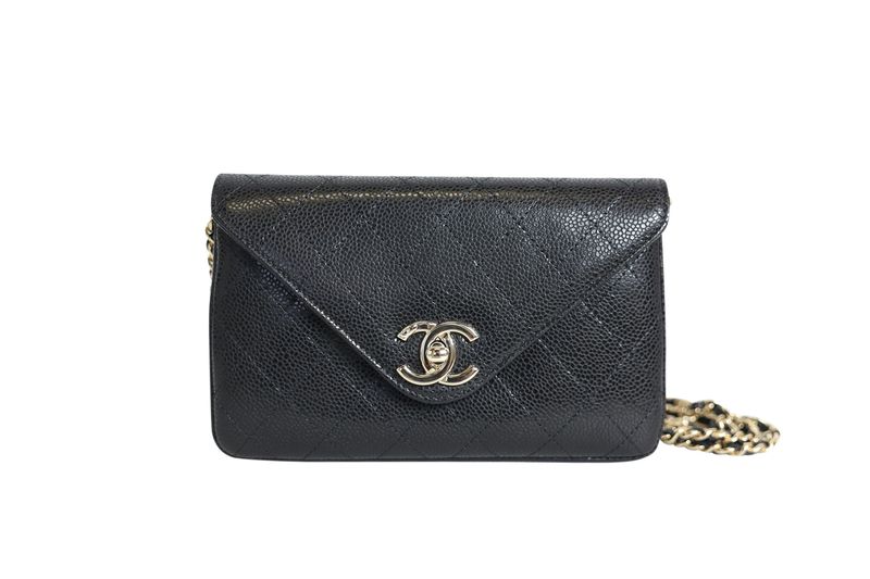 Chanel Envelope Wallet On Chain Bag, Black Caviar Leather and Gold Hardware, Preowned in Box WA001