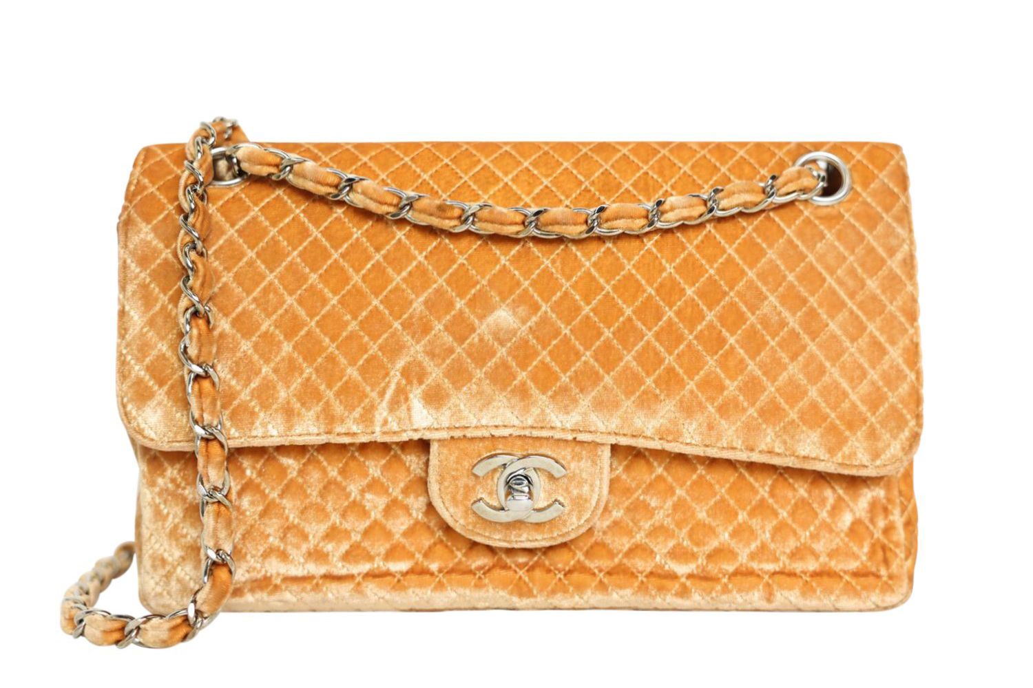 Chanel Classic Medium, Orange Quilted Velvet and Silver Hardware, Preowned in Dustbag WA001