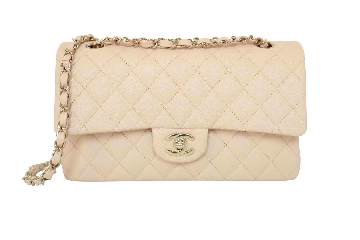 Chanel Classic Medium, 22C Light Beige Quilted Caviar with Gold Hardware, Preowned in Box WA001