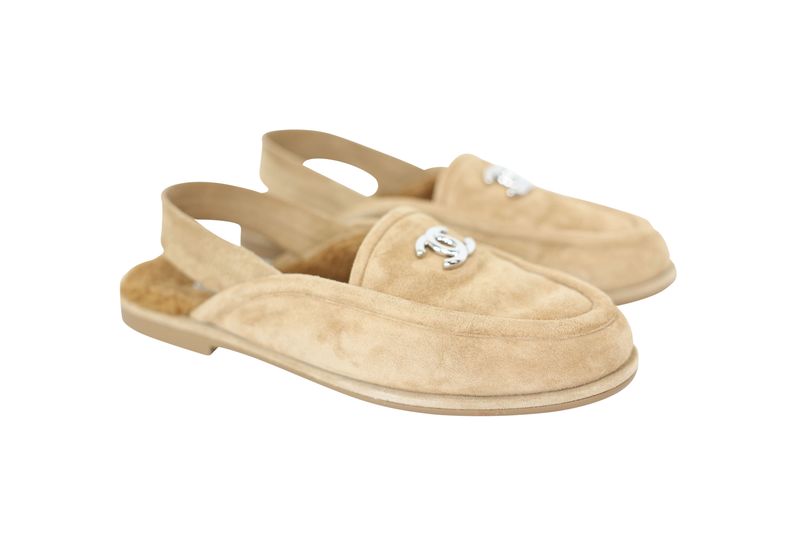 Chanel Shoes CC Slingback Loafers, Brown Suede and Shearling, Size 38.5, New in Box WA001