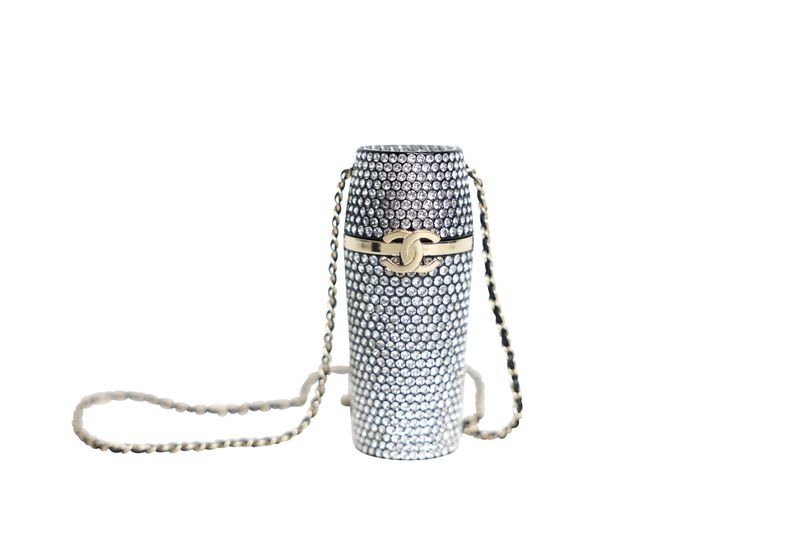 Chanel Lipstick Case on Chain, Crystal with Black Leather and Gold Hardware, New in Box WA001