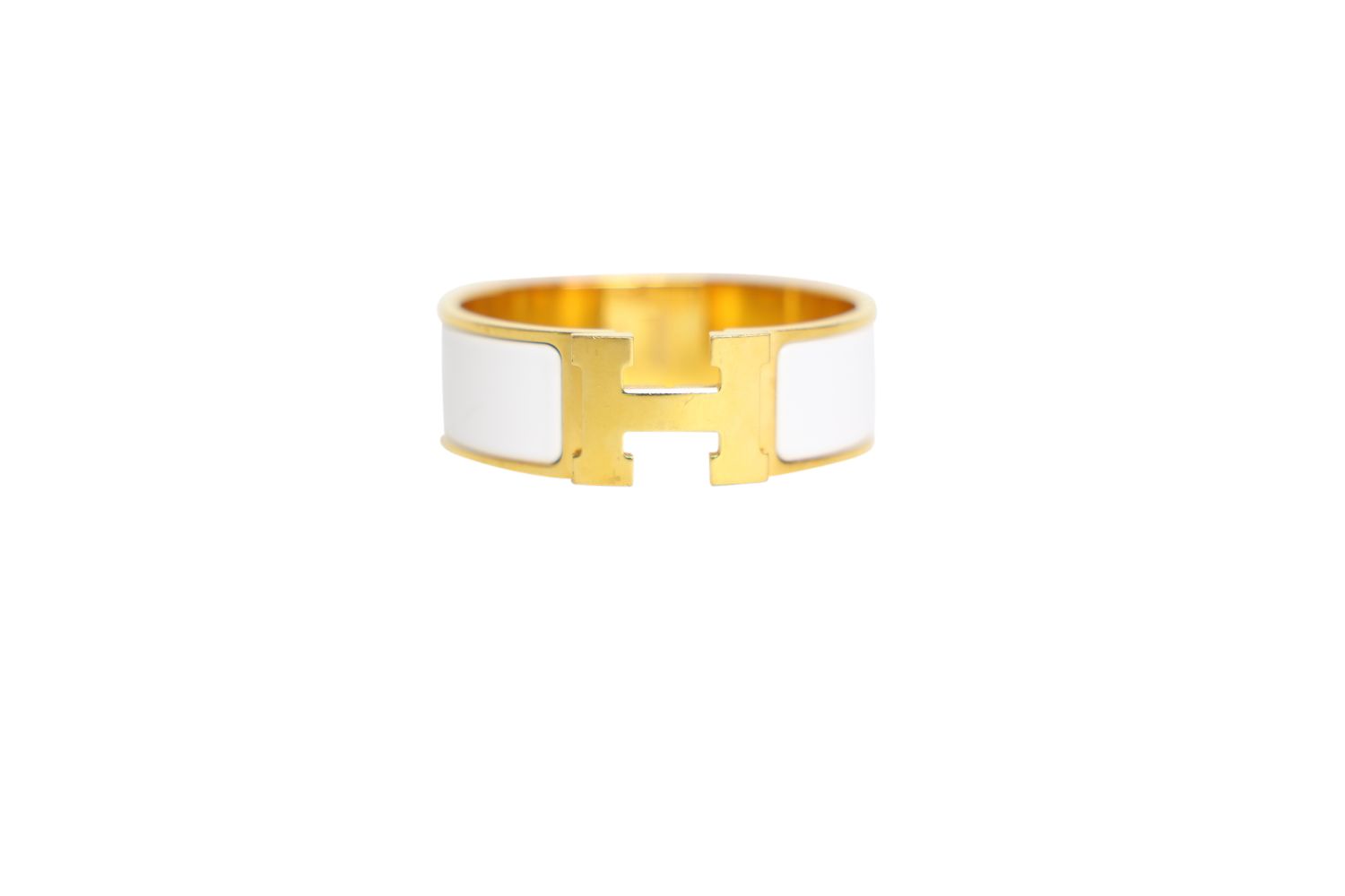 Hermes Clic Clac H Large Bracelet, White Enamel and Gold Hardware, Preowned No Dustbag WA001