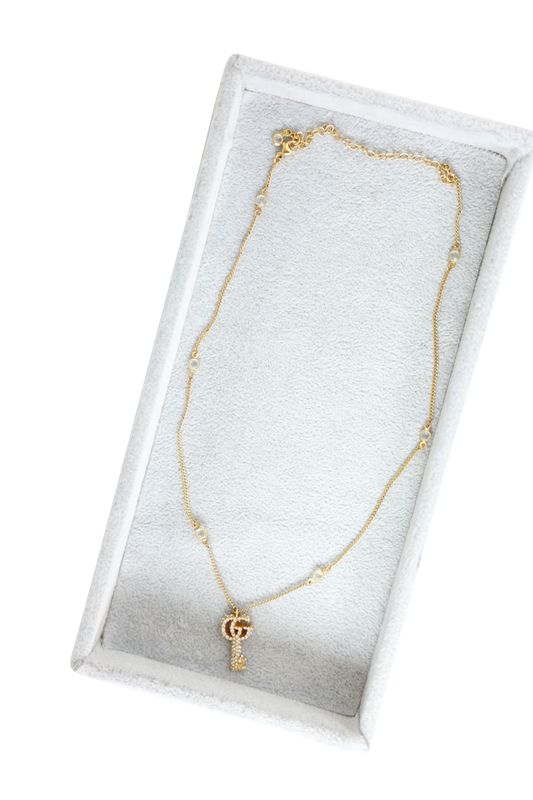 Gucci GG Marmont Key Necklace, Gold Finish and Crystals, Preowned in Box WA001