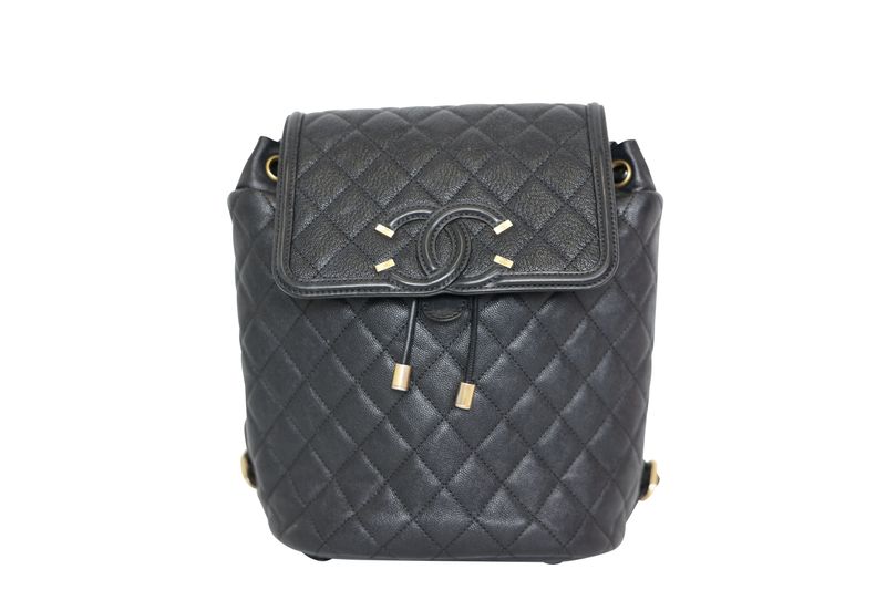 Chanel Filigree Backpack Large, Black Quilted Caviar with Gold Hardware, Preowned in Box WA001