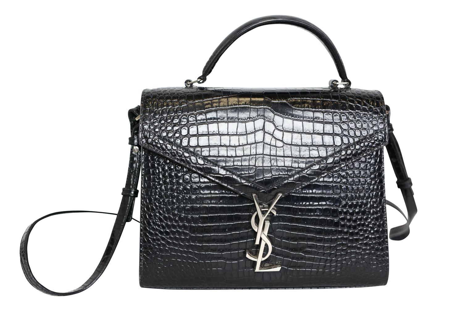 Saint Laurent Cassandra Top Handle Medium Bag, Black Croc Embossed Leather and Silver Hardware, Preowned in Box WA001