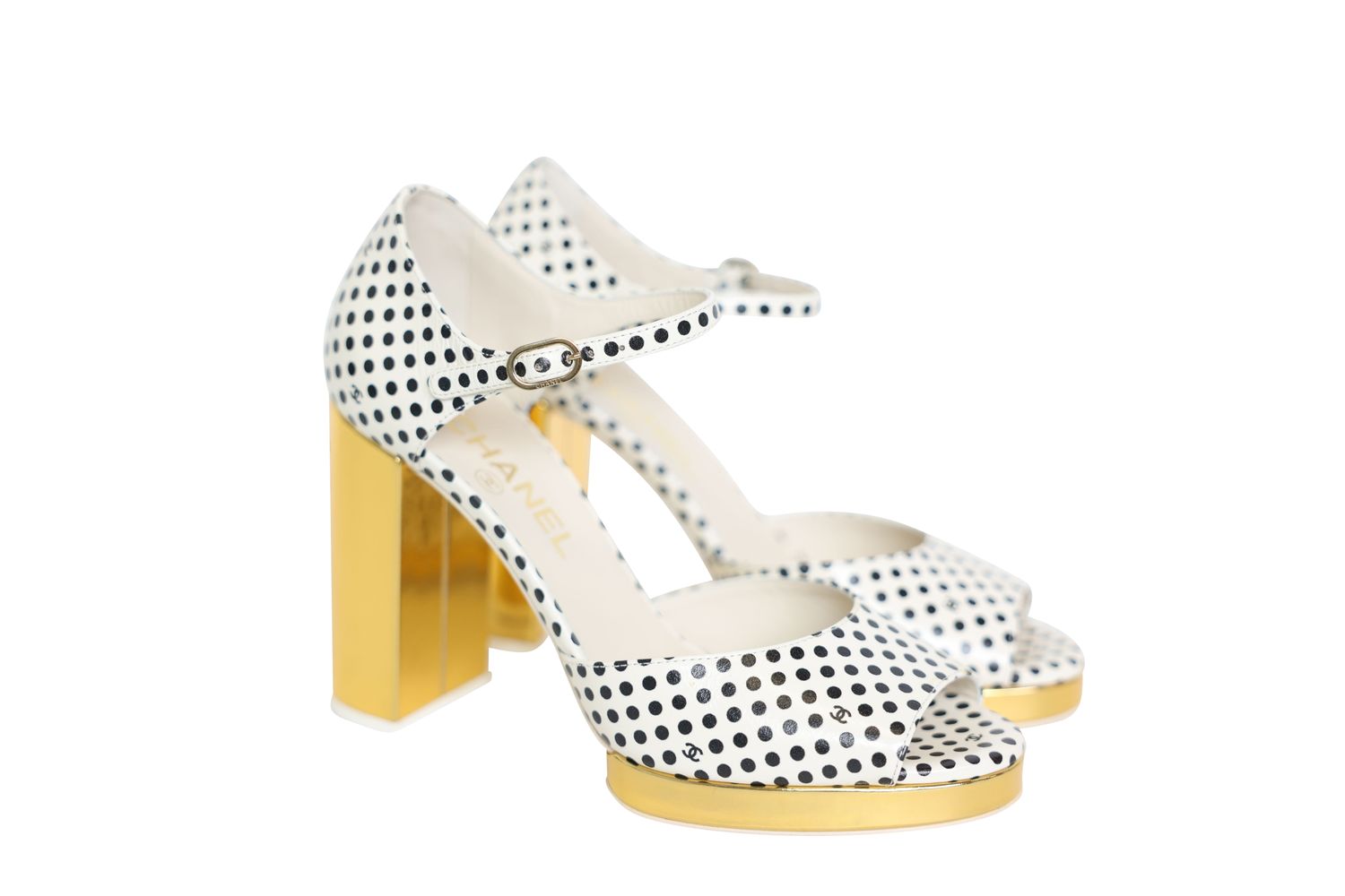 Chanel Shoes Polka Dot CC 24P Platform Sandals, Black and White Calfskin with Gold Hardware, Size 37, New in Box WA001