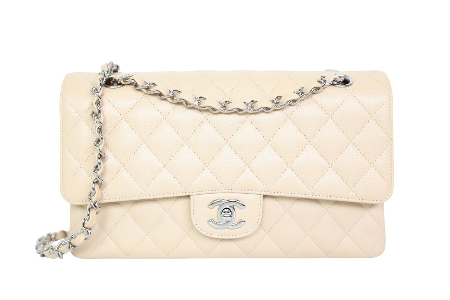 Chanel Classic Medium Bag, Beige Quilted Caviar and Silver Hardware, Preowned in Dustbag WA001