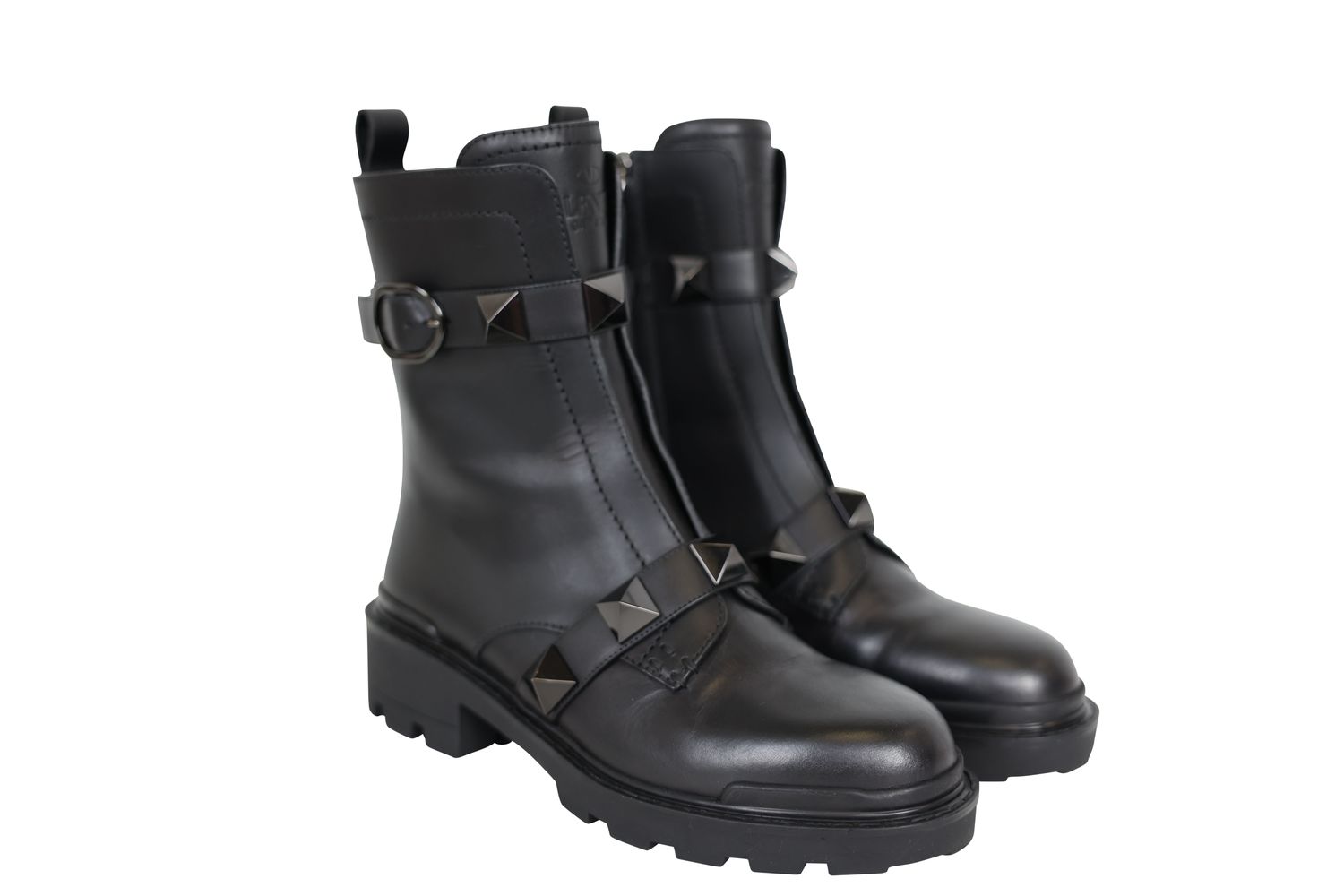 Valentino Garavani Roman Stud Combat Boots, Black Leather and Hardware, Size 38.5, Preowned in Box WA001