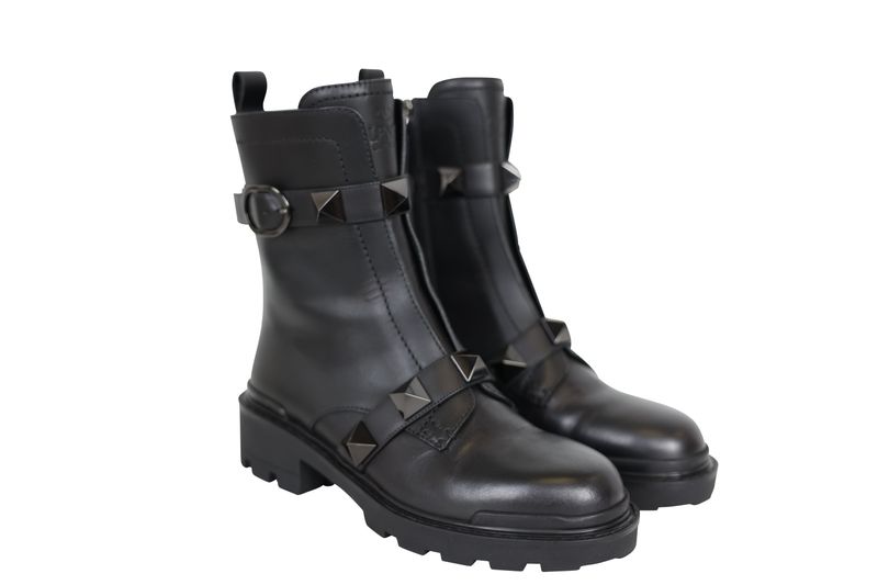 Valentino Garavani Roman Stud Combat Boots, Black Leather and Hardware, Size 38.5, Preowned in Box WA001