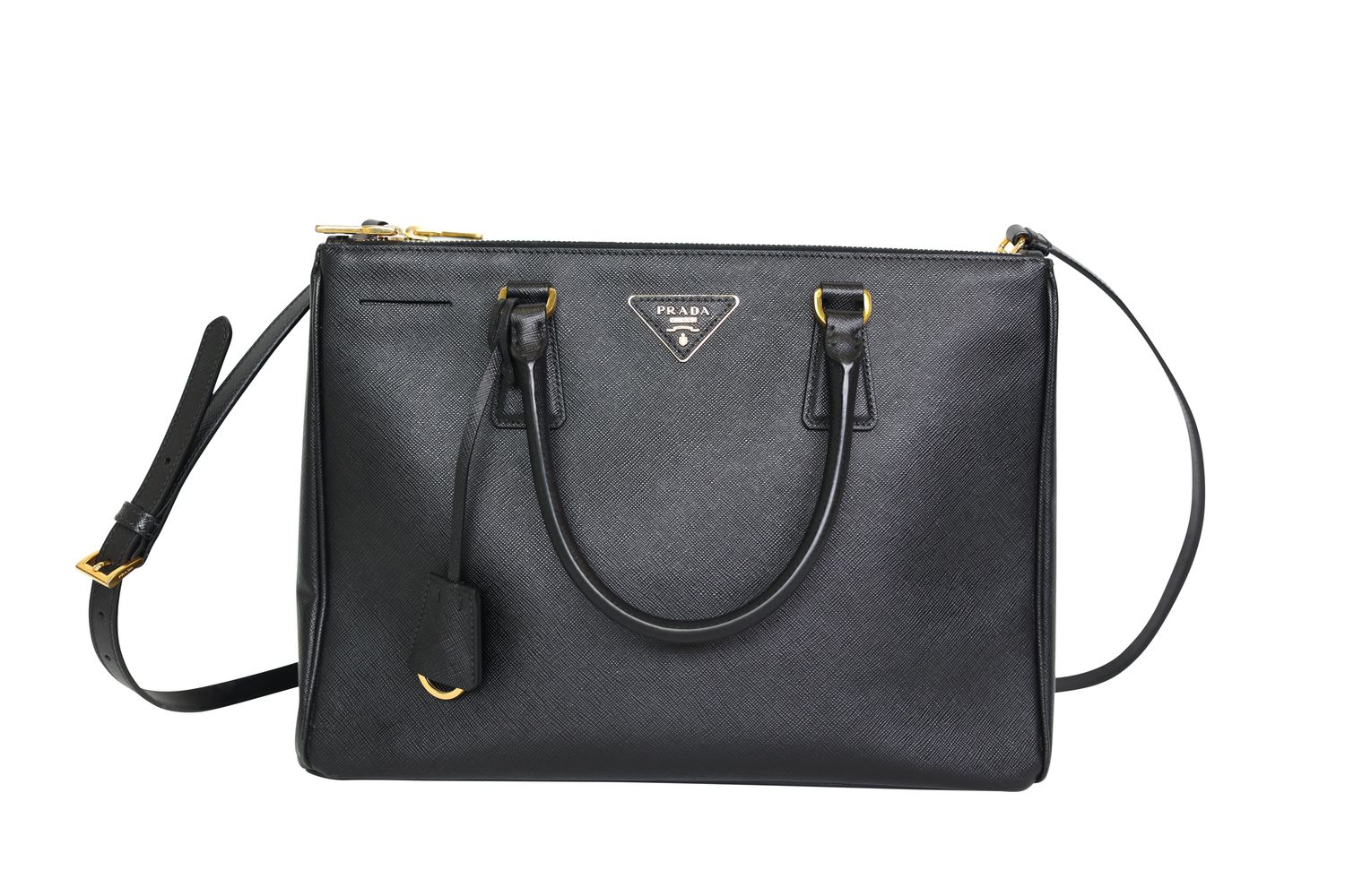 Prada Double Zip Lux Large Tote, Black Saffiano Leather and Gold Hardware, Preowned in Dustbag WA001