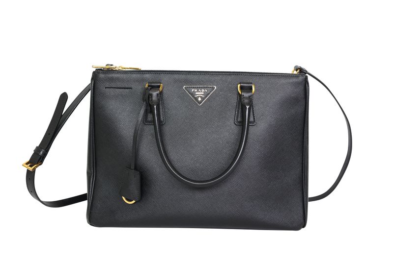 Prada Double Zip Lux Large Tote, Black Saffiano Leather and Gold Hardware, Preowned in Dustbag WA001