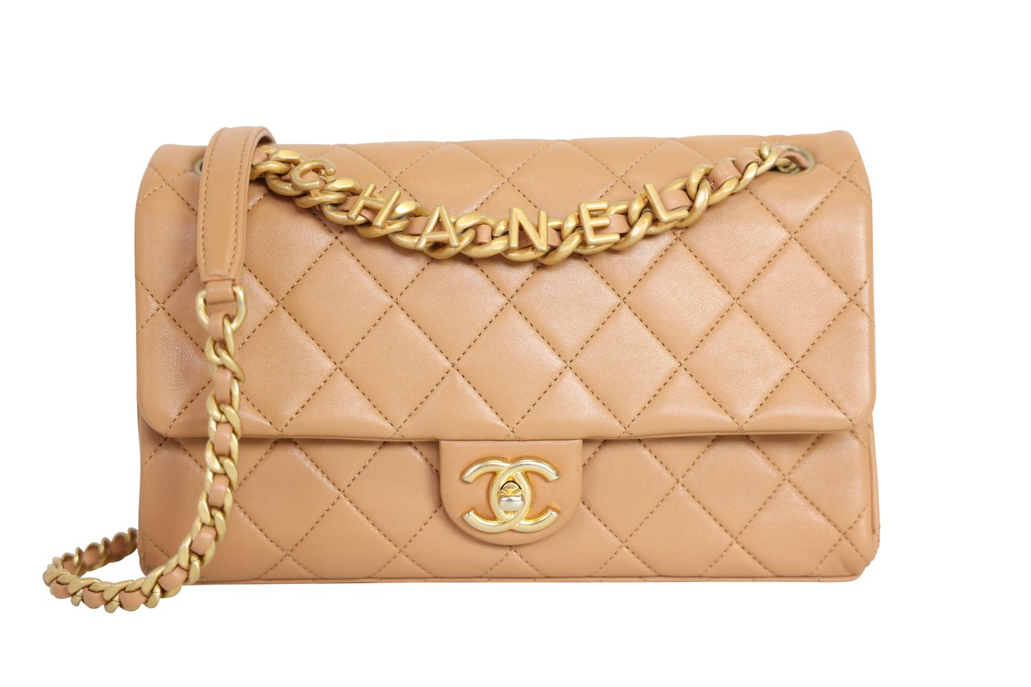 Chanel Chaine Lettre Flap Medium Bag, Caramel Brown Quilted Calfskin and Gold Hardware, Preowned in Box WA001