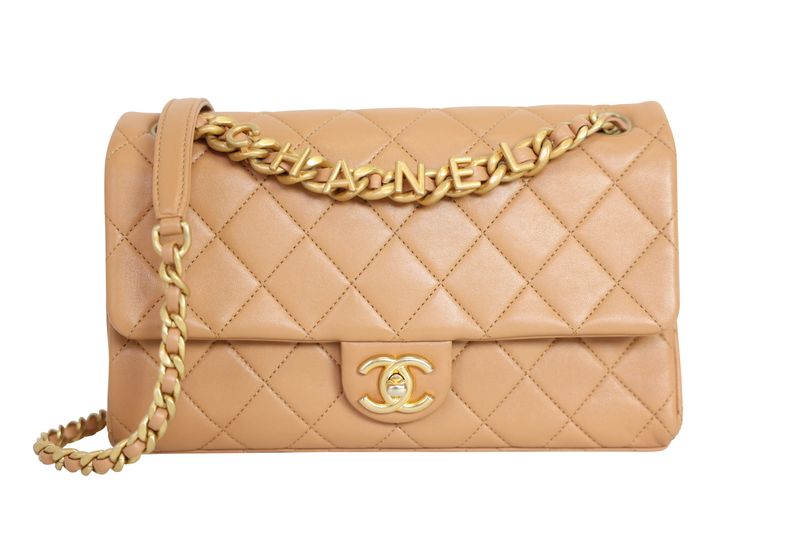 Chanel Chaine Lettre Flap Medium Bag, Caramel Brown Quilted Calfskin and Gold Hardware, Preowned in Box WA001