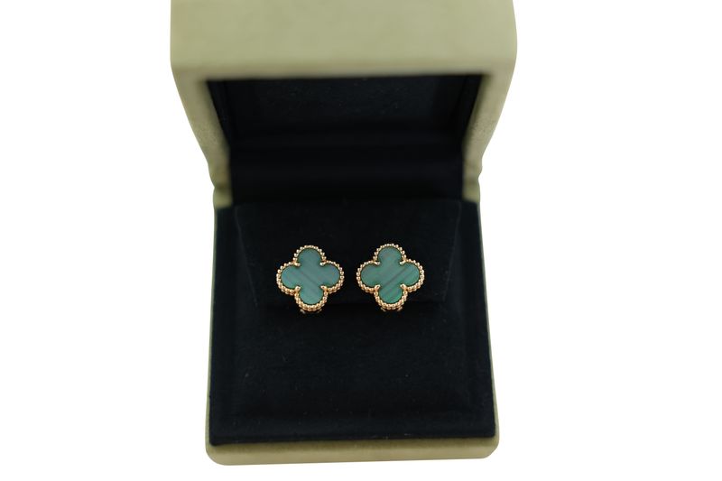 Van Cleef & Arpels Vintage Alhambra Earrings, 18k Yellow Gold and Malachite, Preowned in Box WA001