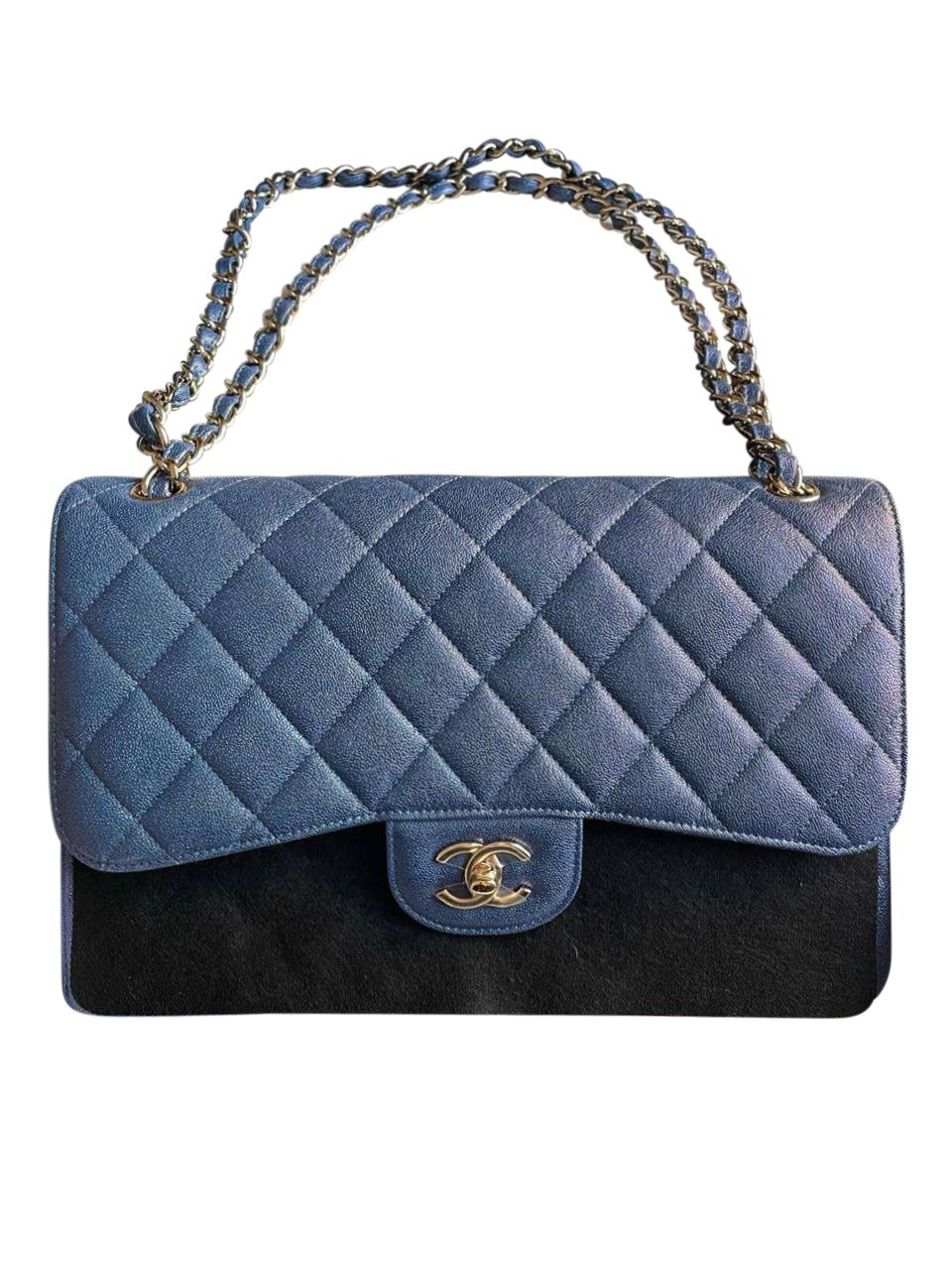 Preorder Chanel Classic Flap, Jumbo, Blue Iridescent Caviar Leather, Preowned in Box CC001