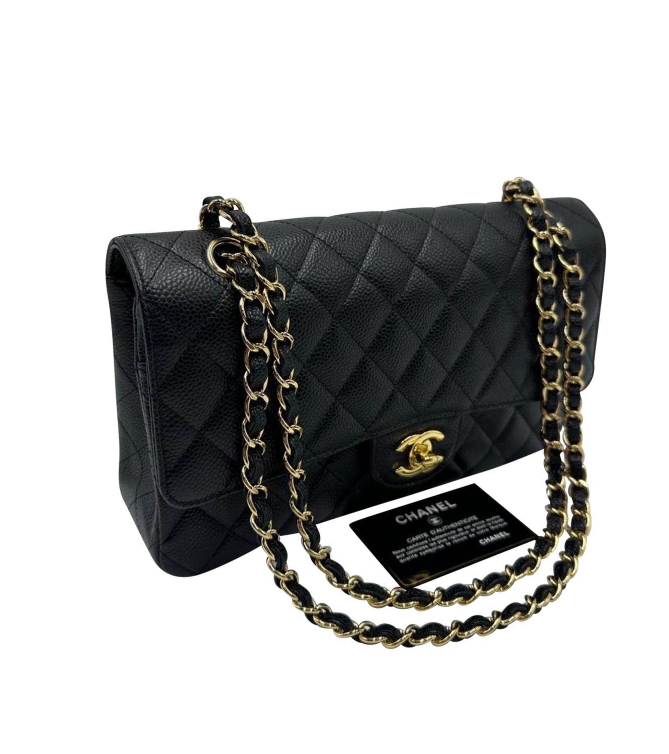 Preorder Chanel Classic Flap, Medium, Black Caviar Leather, Gold Hardware, Preowned in Box CC001
