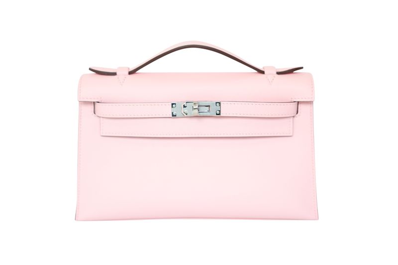 Hermes Kelly Pochette, Pink Rose Sakura Swift with Palladium Hardware, W 2024, New in Box KJRB001