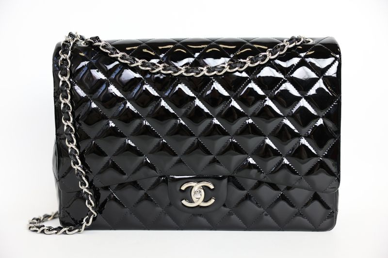 Chanel Classic Maxi Bag, Black Quilted Patent Leather and Silver Hardware, Preowned in Box WA001