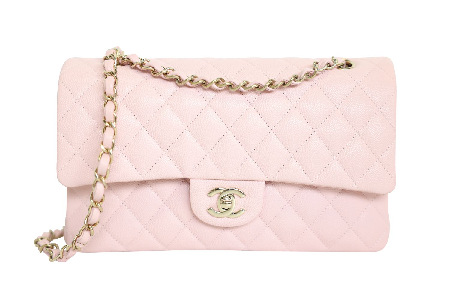 Chanel Classic Medium Double Flap with Lengthened Strap, Light Pink Quilted Caviar and Gold Hardware, Preowned in Box WA001